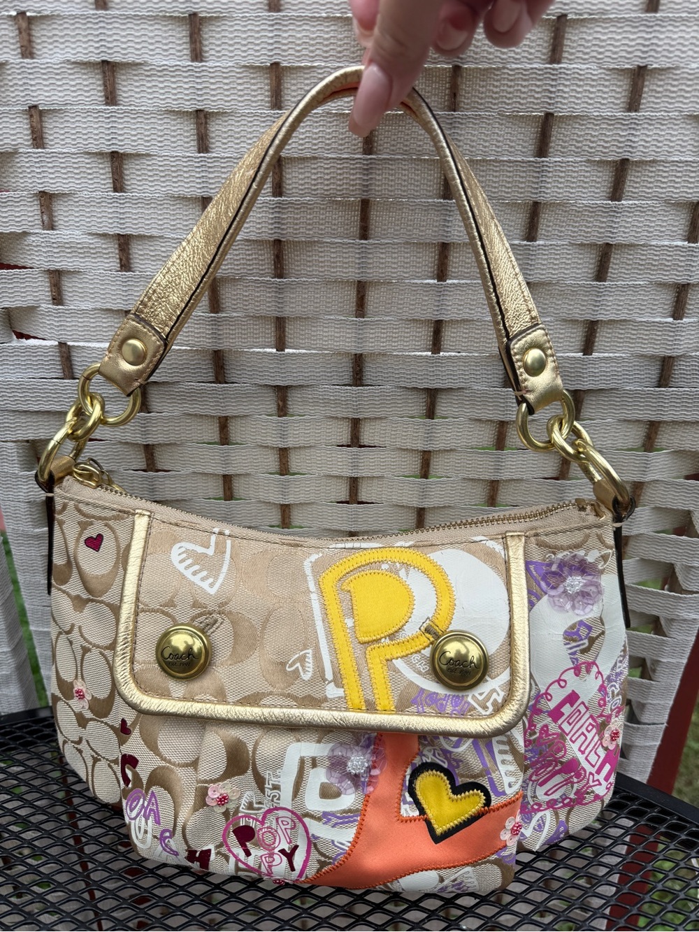 Vintage Coach Poppy Pop C Applique Groovy Hobo Shoulder Bag Canvas Gold 15040